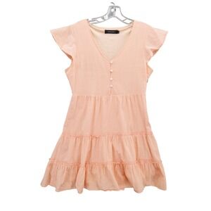 Merokeety Mini Dress Ruffle Sleeve Tiered Casual V‎ Neck Peach Size M